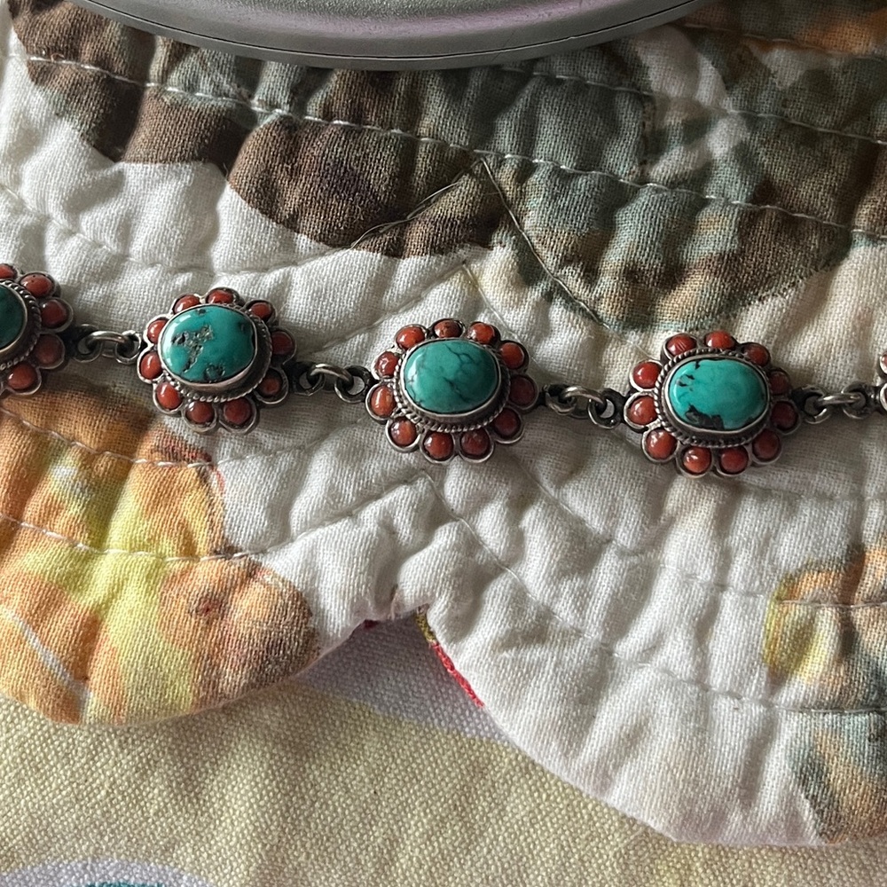 Turquoise and Red Coral/Red Jasper and Silver Bracelet and Earrings